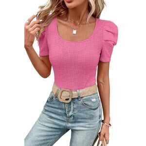 Pink Waffle Knit Ruched Puff Short Sleeve Top New S, M, L,